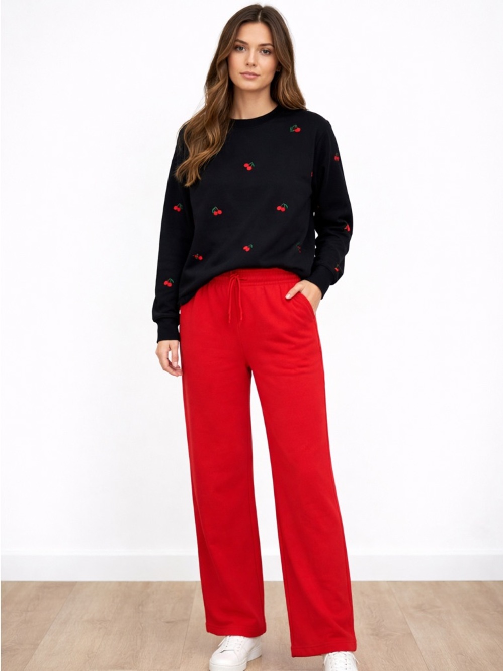 Black Cherry Embroidered
Sweatshirt & Red Sweatpants
Set.